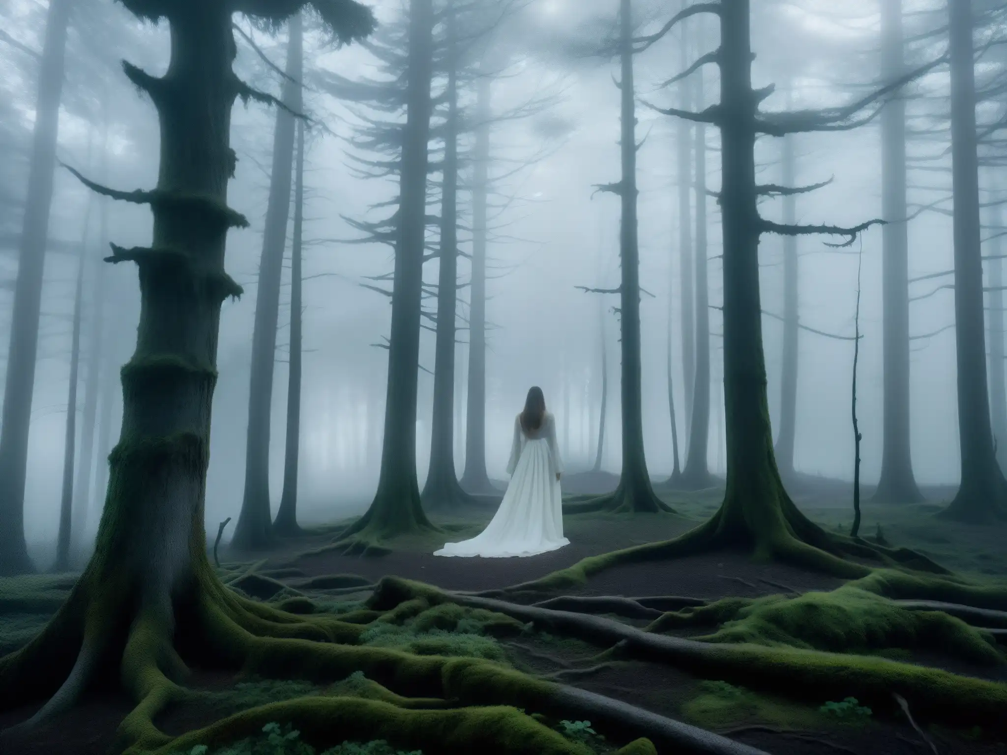 En un bosque brumoso al atardecer, aparece la Dama de Blanco, evocando misterio y leyendas de su aparición sobrenatural