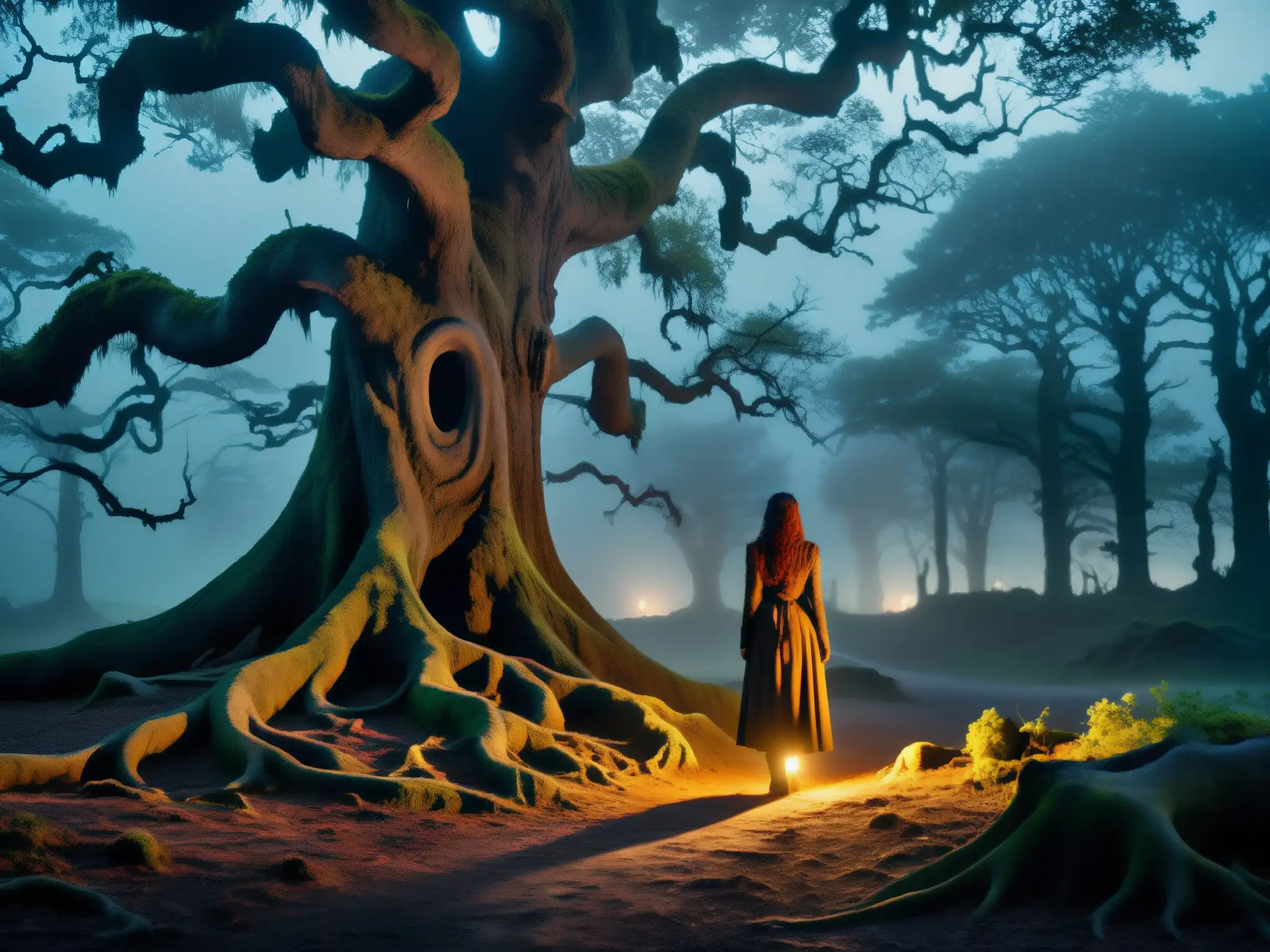 En el bosque brumoso al anochecer, la aterradora leyenda de NureOnna cobra vida con la figura de la mujer serpiente en la brecha de los árboles