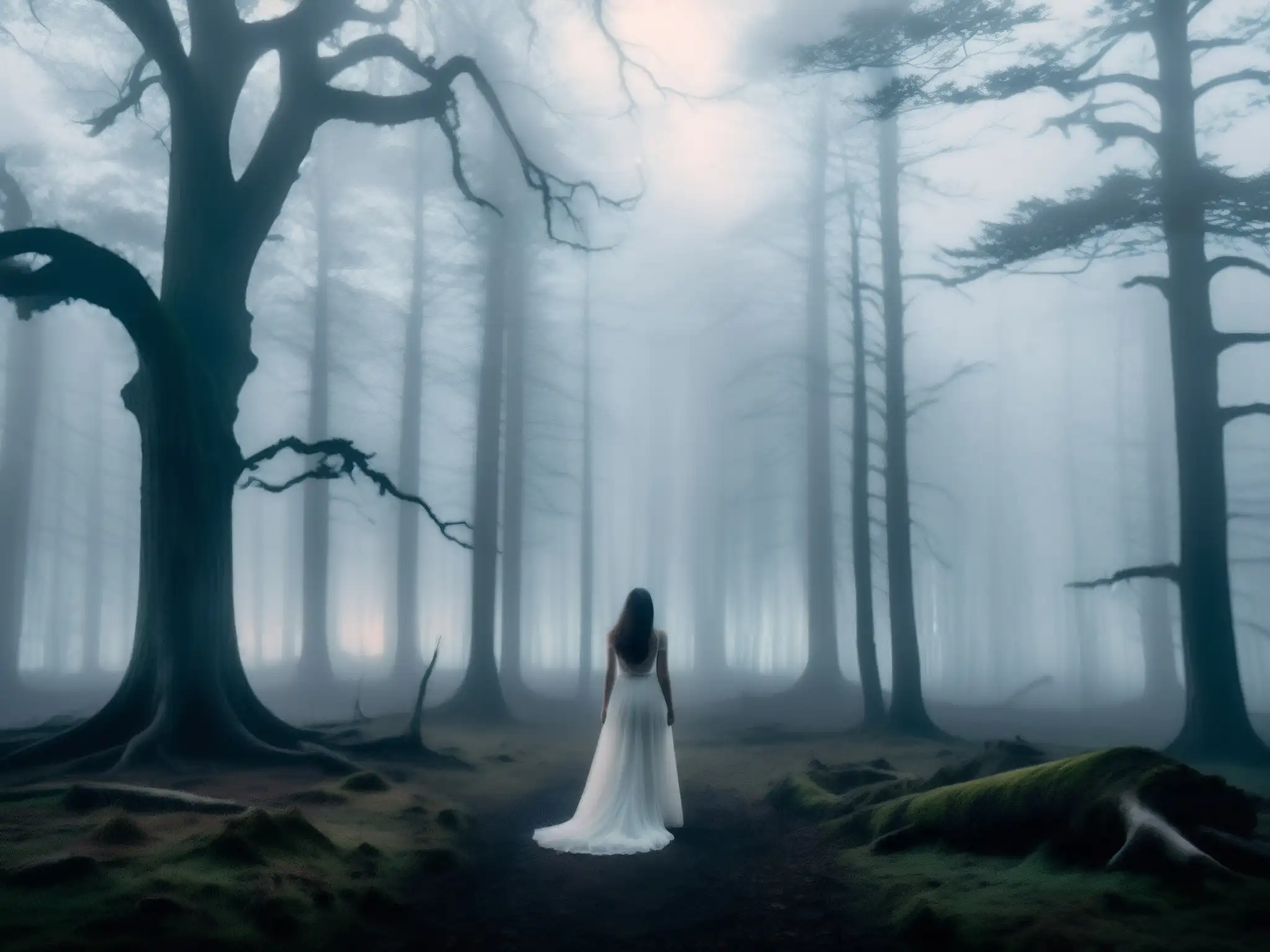En un bosque brumoso al anochecer, la Dama de Blanco aparece entre la neblina, evocando misterio y presencia sobrenatural