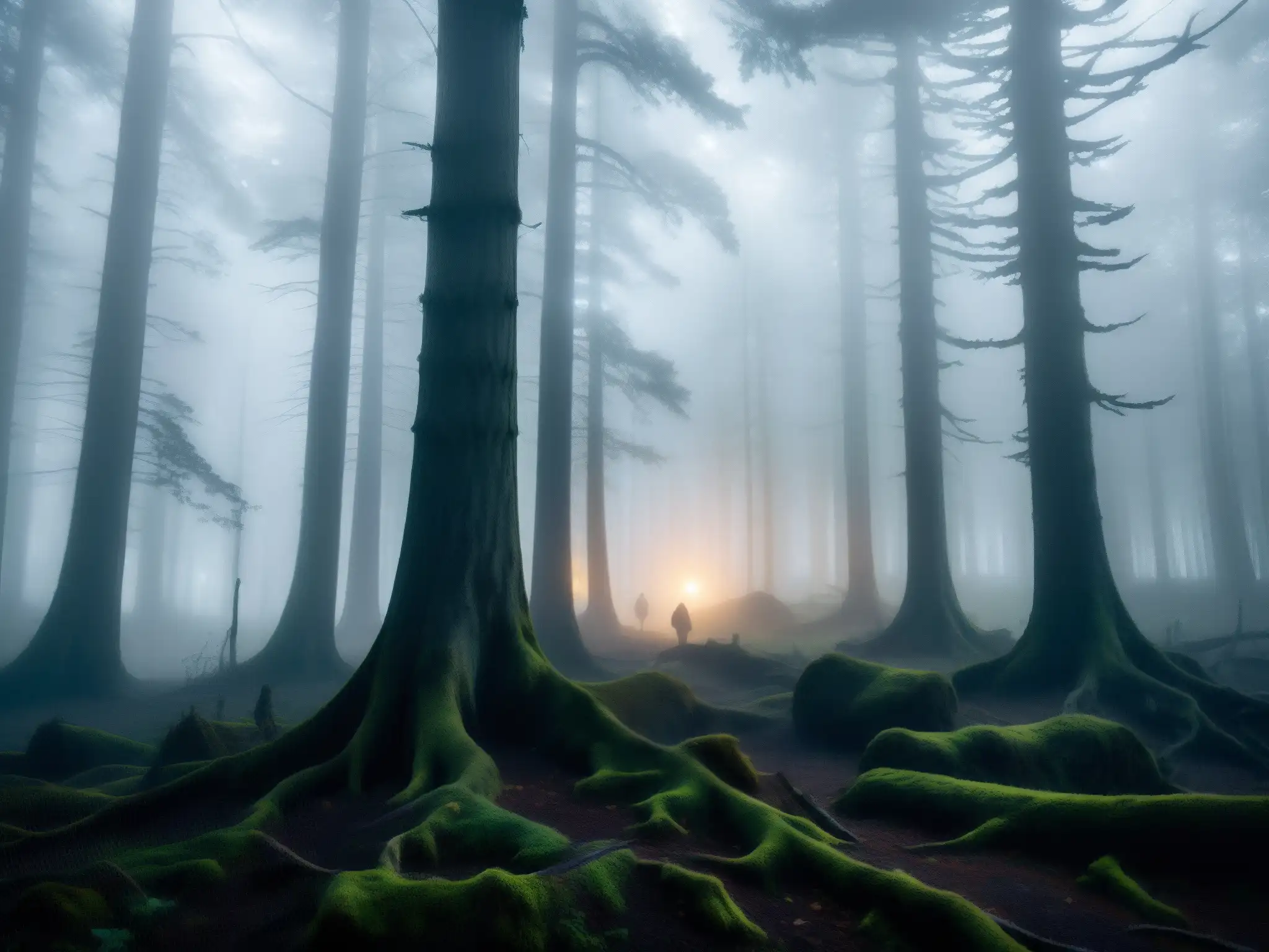 Un bosque brumoso y oscuro con árboles retorcidos y figuras sombrías