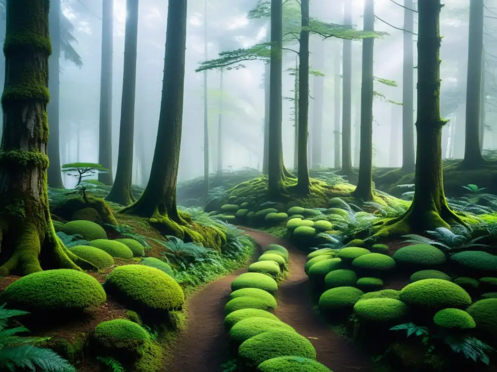 Un bosque cubierto de niebla en Japón, con árboles antiguos y un sendero serpenteante que desaparece en la densa vegetación
