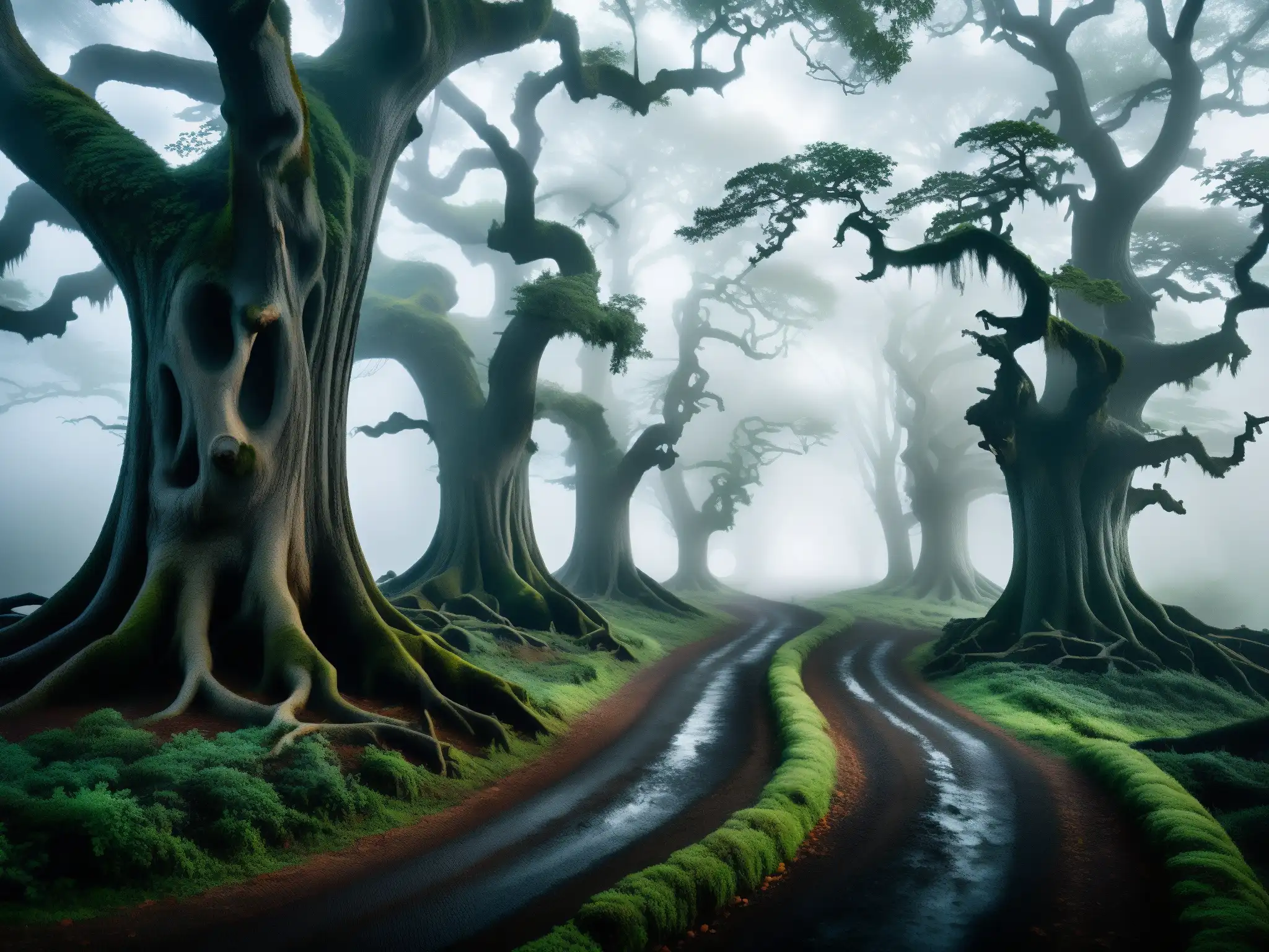Un bosque cubierto de niebla en la luz de la mañana, con árboles antiguos y retorcidos que se ciernen sobre un sendero serpenteante