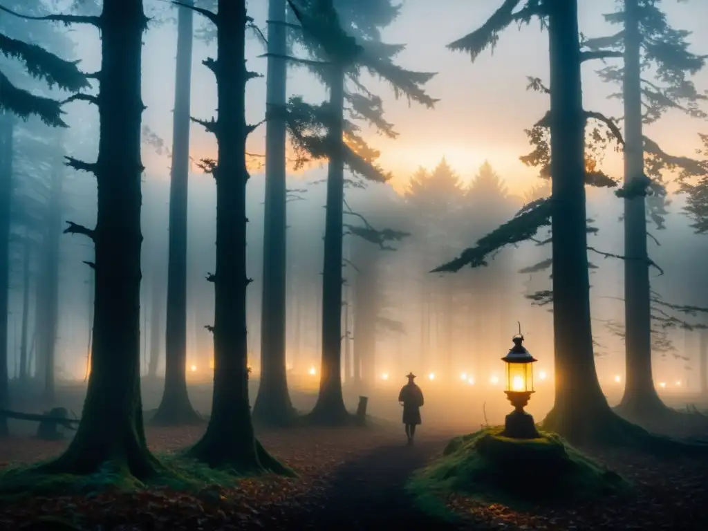 Un bosque denso y brumoso al anochecer, con luces misteriosas entre los árboles y un aura de misticismo