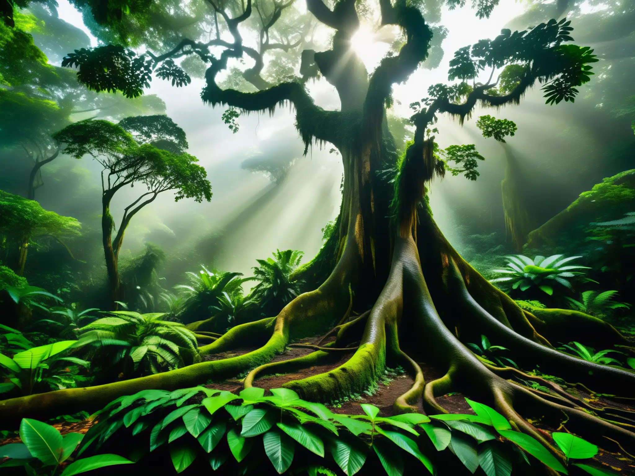 Un bosque denso y exuberante de la Amazonía con árboles imponentes, follaje verde vibrante y una atmósfera brumosa y misteriosa