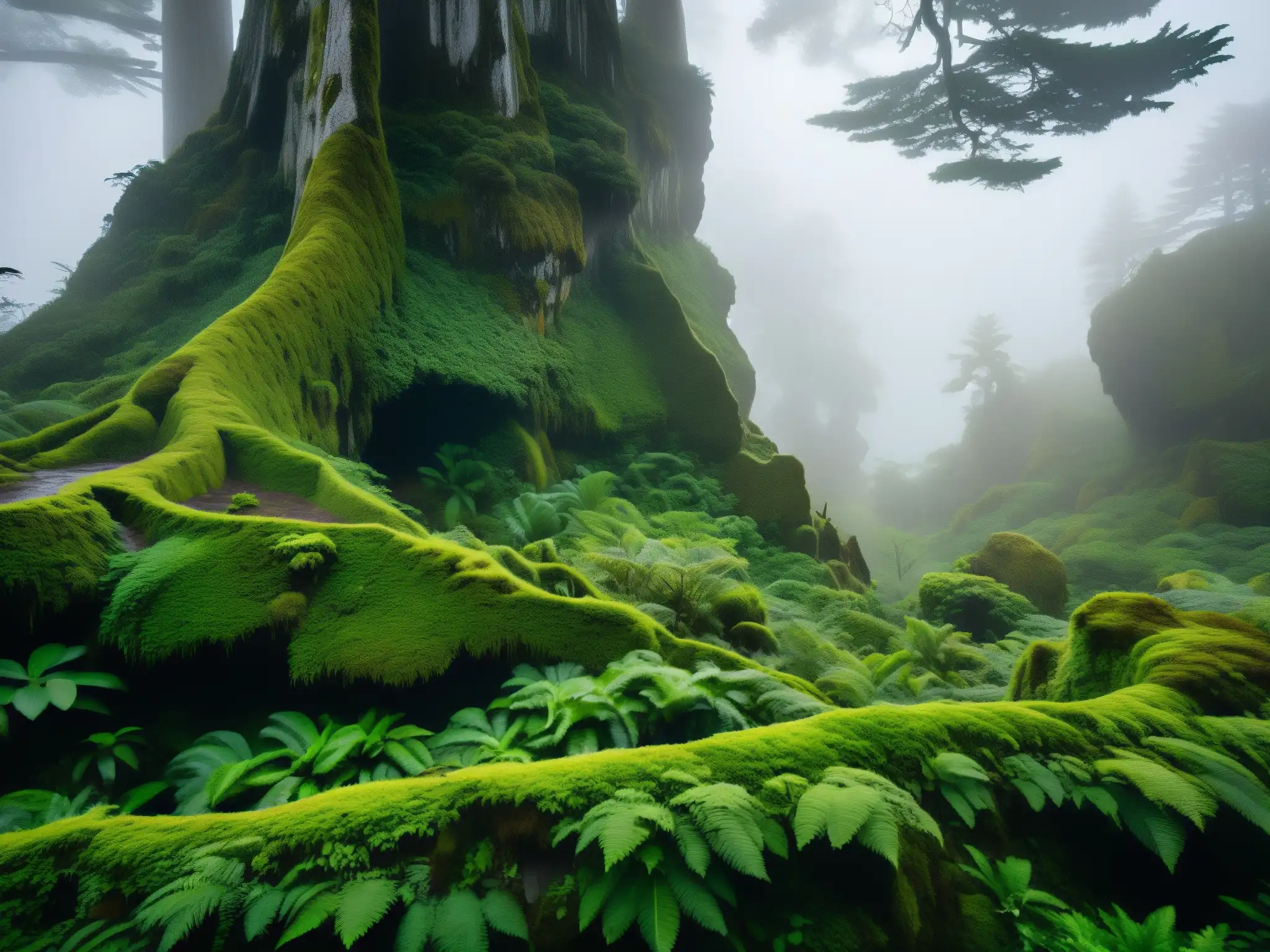 Un bosque denso y exuberante en Chiloé, Chile, con neblina tejiéndose entre los árboles antiguos, evocando la leyenda chilota del Trauco