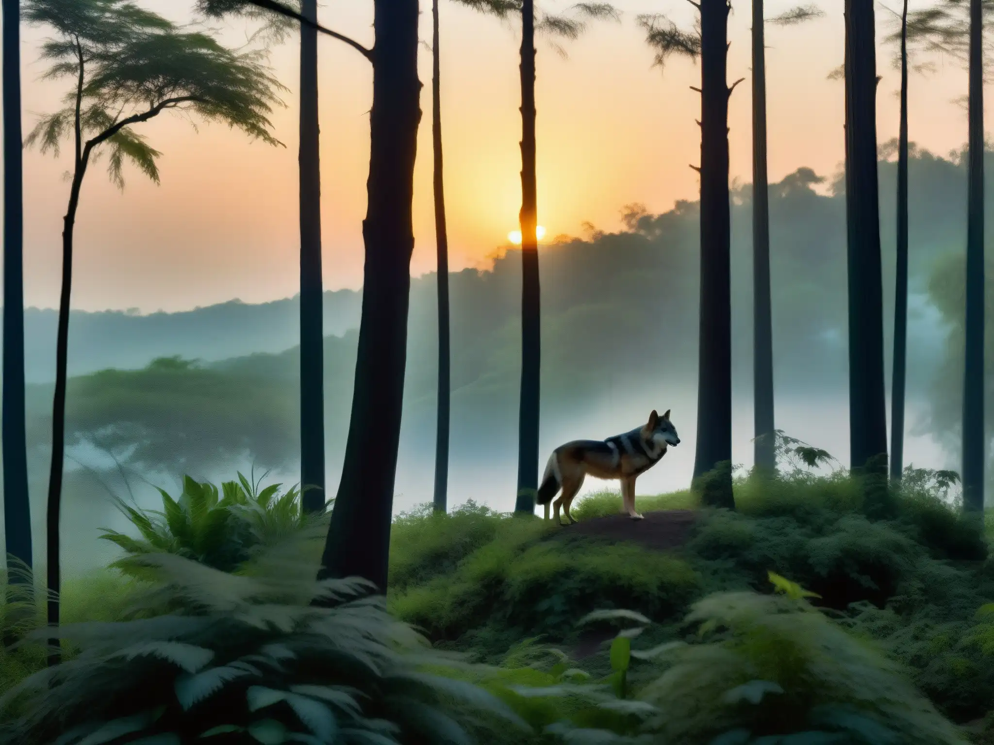 Un bosque denso al anochecer en India, con el perfil de un lobo solitario