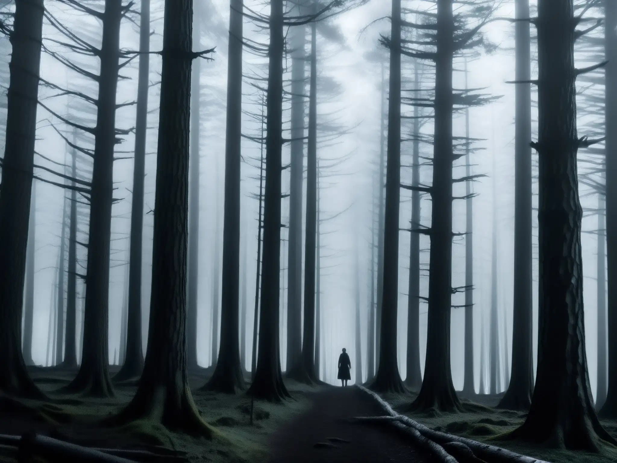 Un bosque denso y misterioso al anochecer, con árboles retorcidos y sombras alargadas