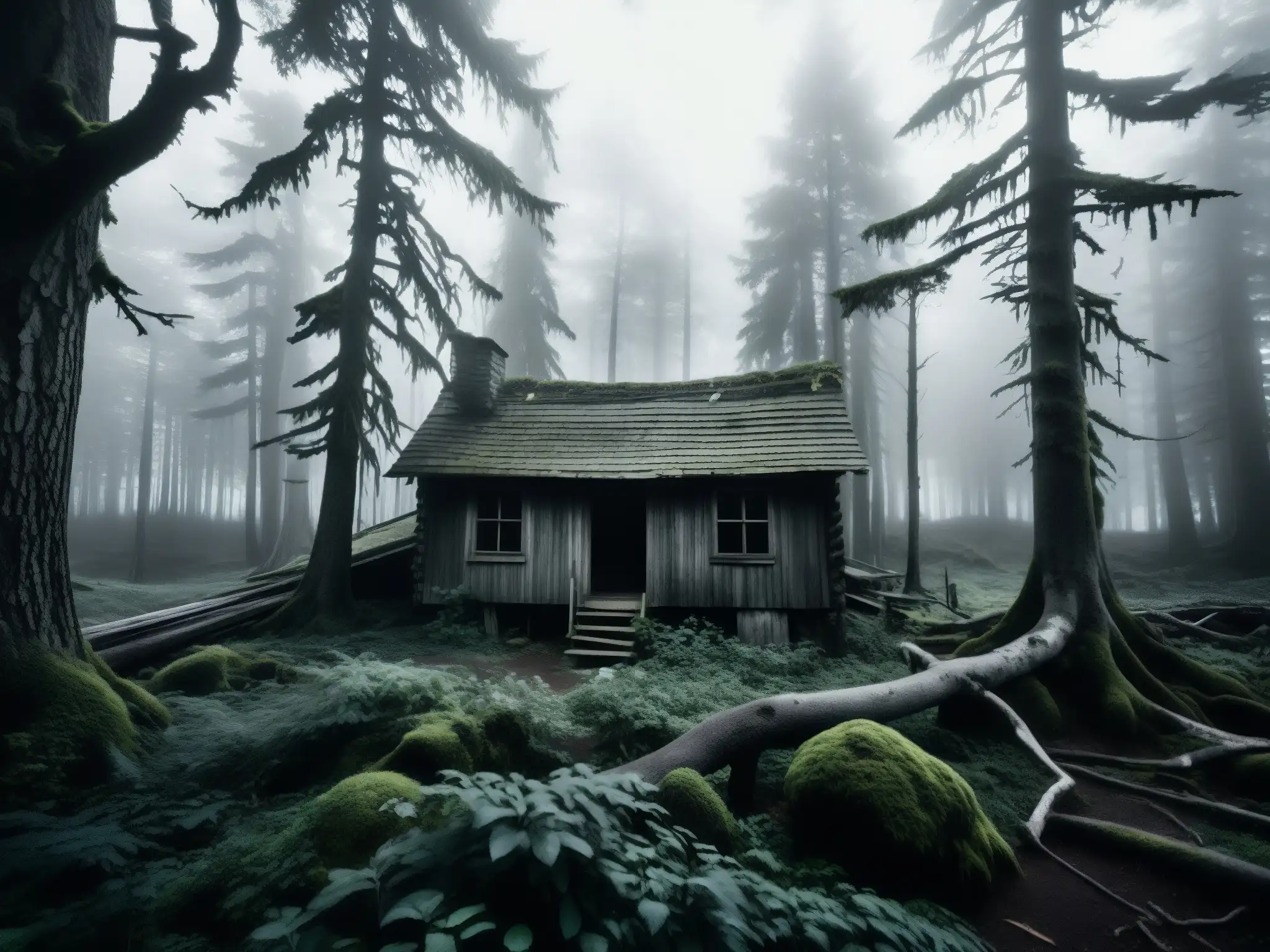 Un bosque denso y misterioso con una cabaña dilapidada, evocando la histeria colectiva de la leyenda de la bruja Blair