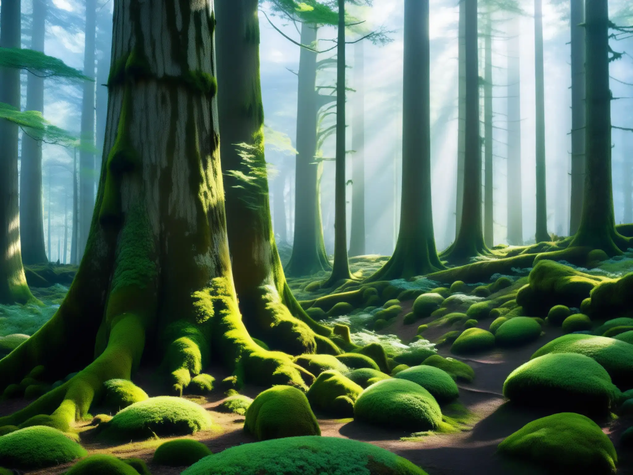 Un bosque denso y misterioso, donde la luz del sol se filtra entre los árboles antiguos