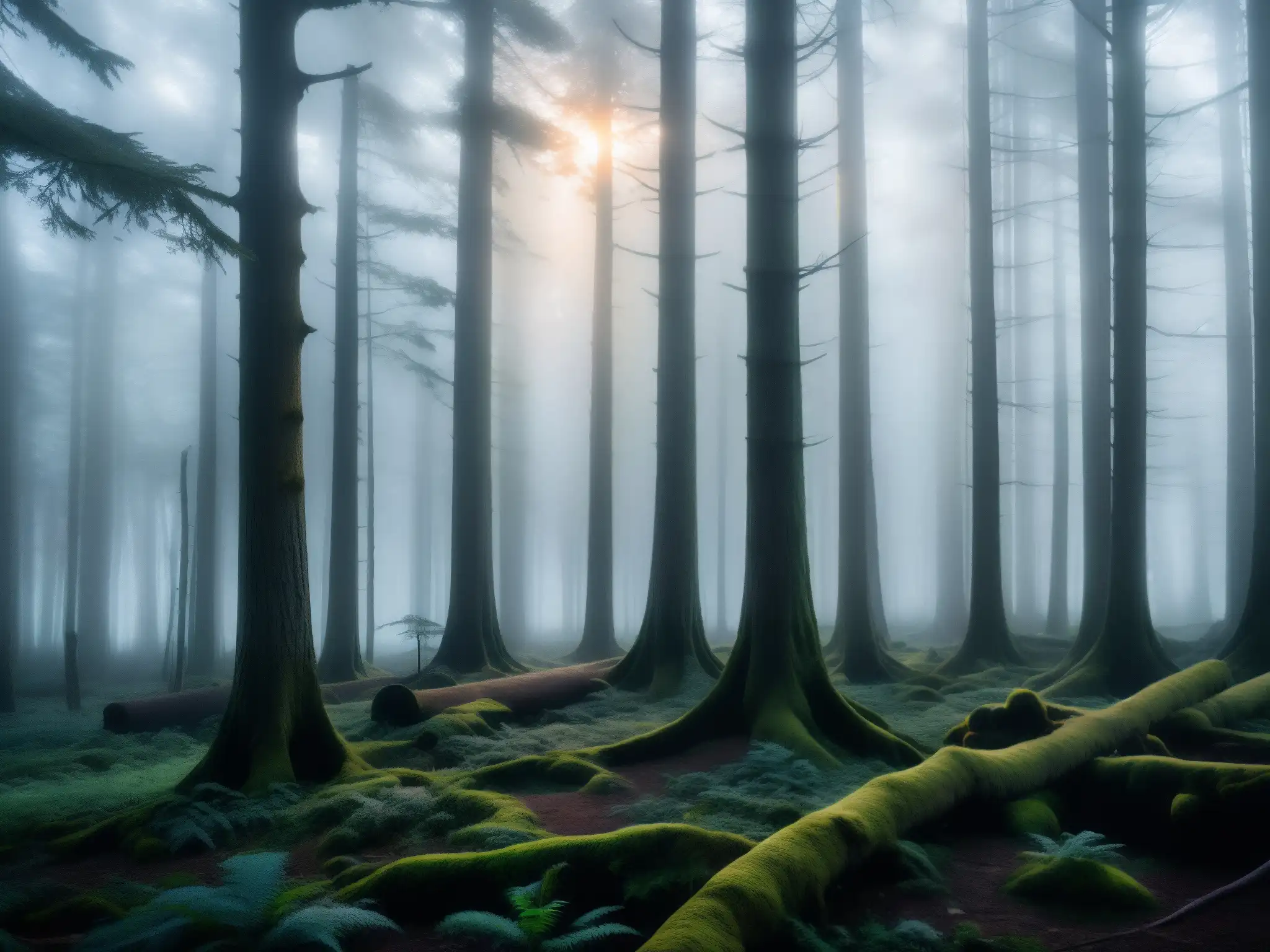 Un bosque denso y misterioso al anochecer, con niebla entre los árboles retorcidos