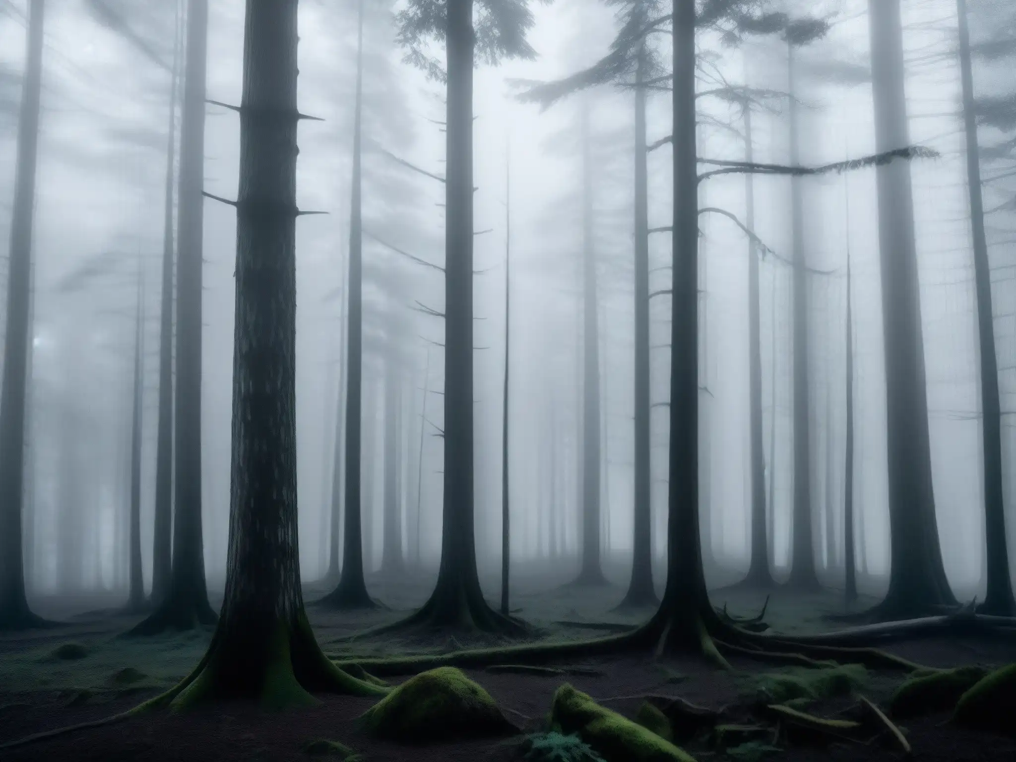 Un bosque denso y neblinoso al anochecer, con una figura misteriosa entre los árboles