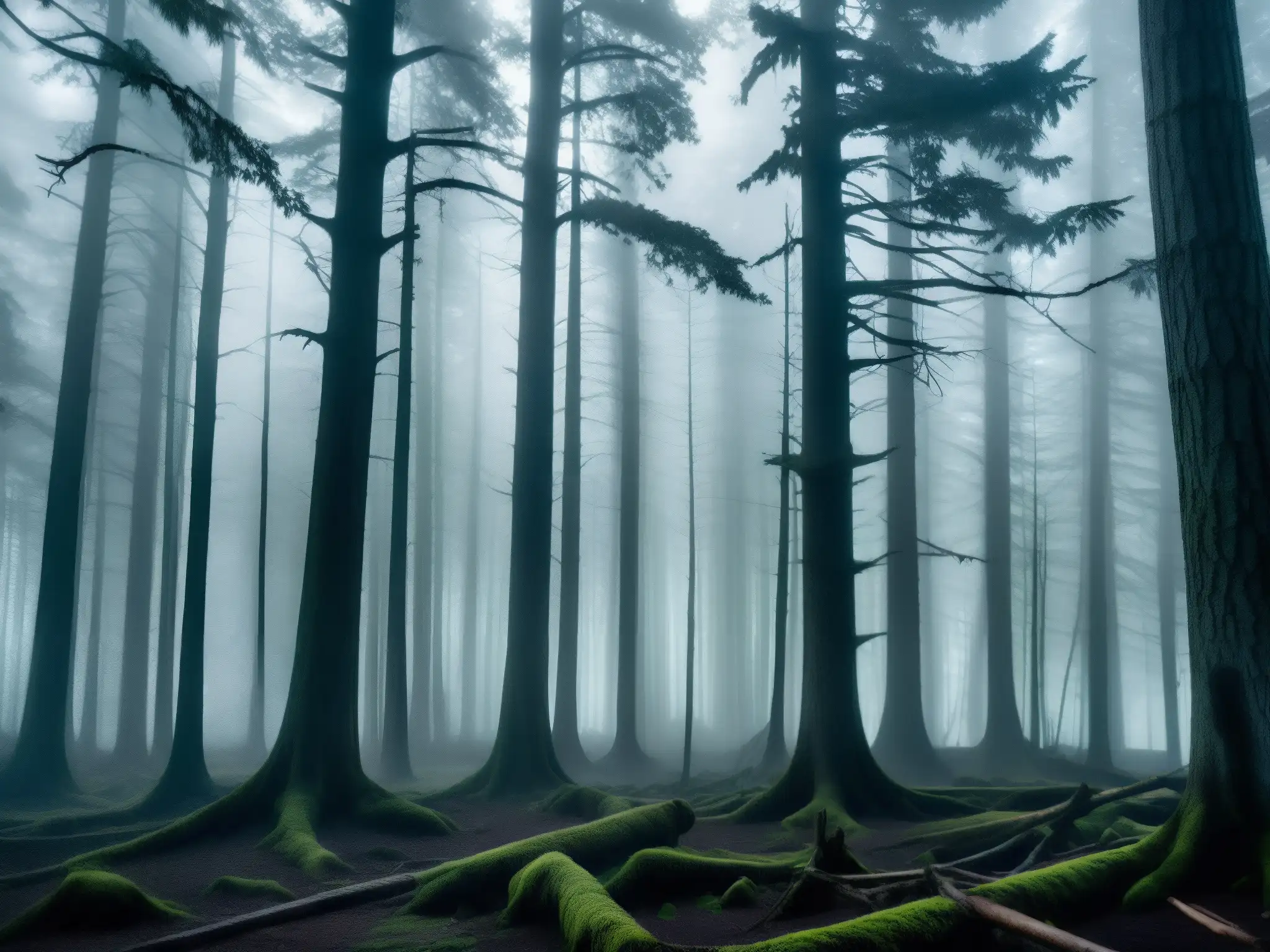 Un bosque denso al anochecer con niebla entre los árboles