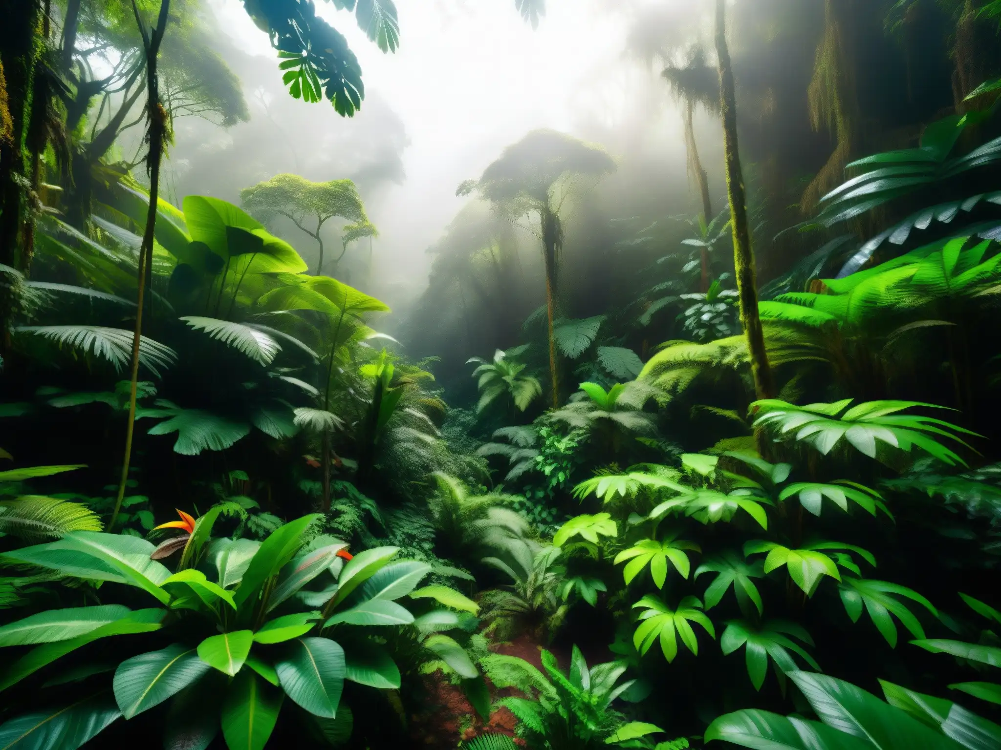 Un bosque denso de la selva amazónica, con follaje verde vibrante, neblina y árboles exóticos
