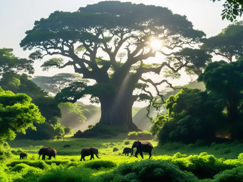 Un bosque encantado en Yamoussoukro con una bestia misteriosa entre los árboles, creando un ambiente de misterio y encanto