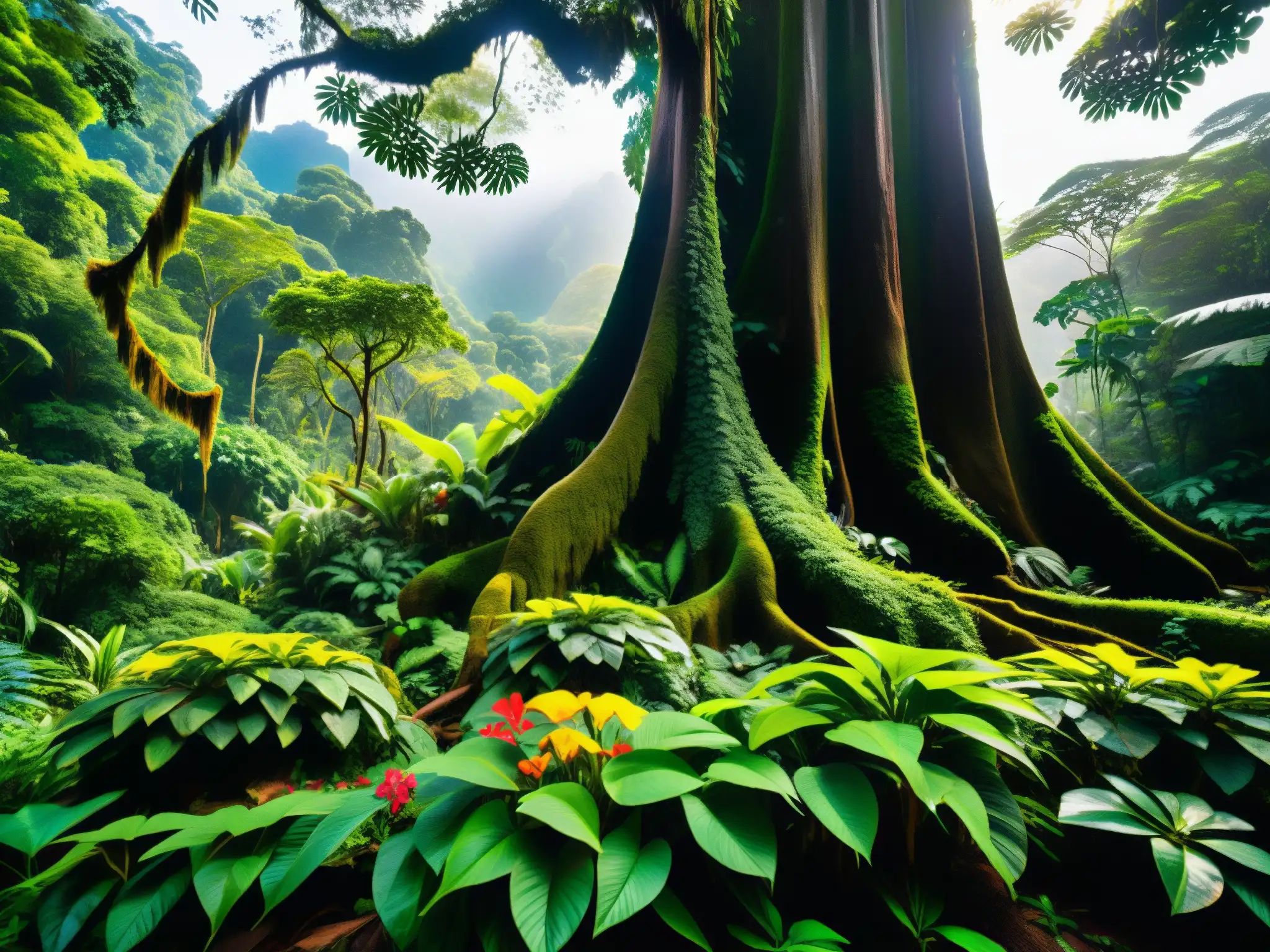 Un bosque encantado en Sudamérica, con duendes suramericanos asomándose entre la exuberante vegetación y la luz del sol filtrándose a través del dosel