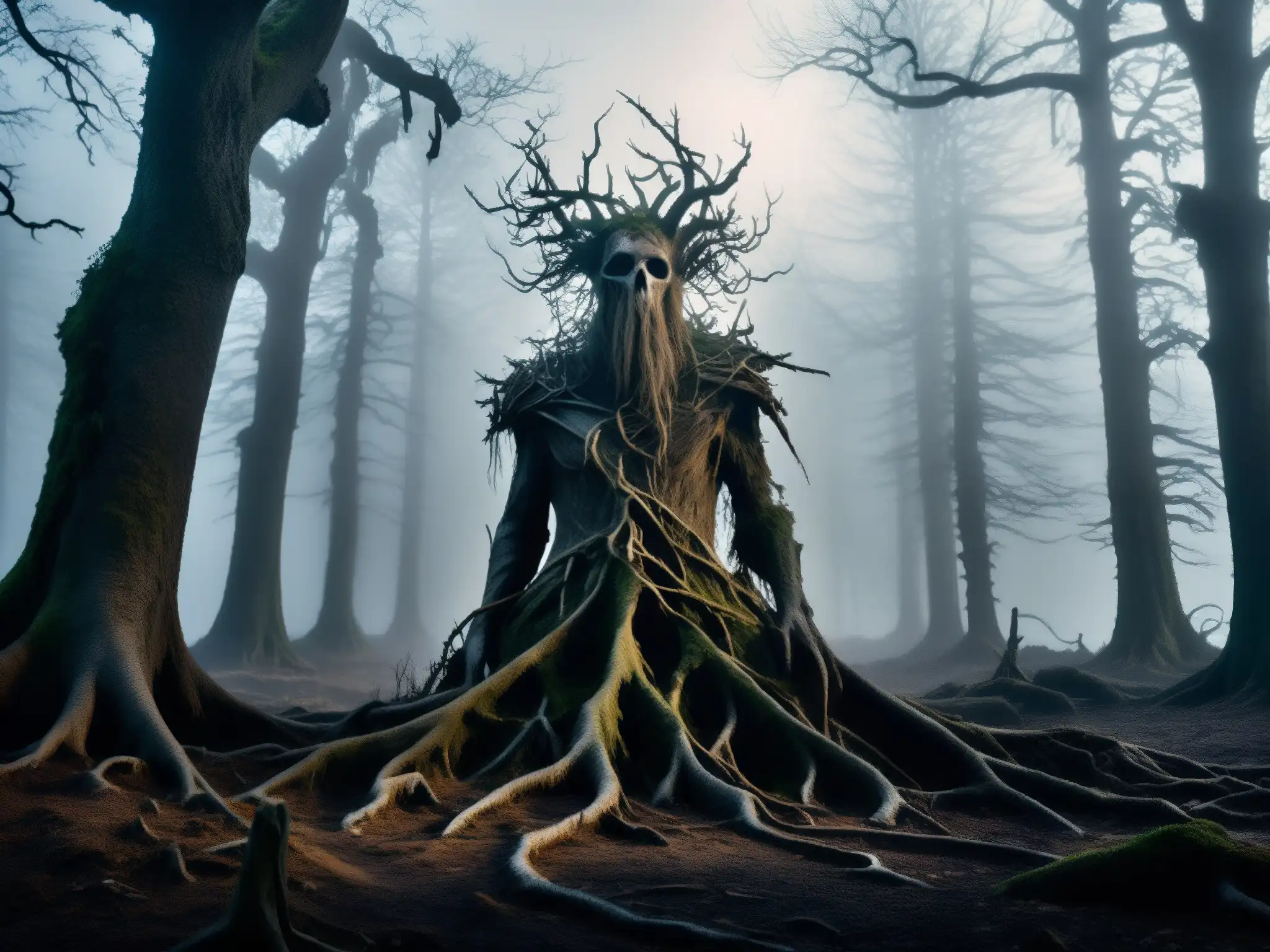 Un bosque envuelto en niebla y misterio, con árboles retorcidos y figuras fantasmales