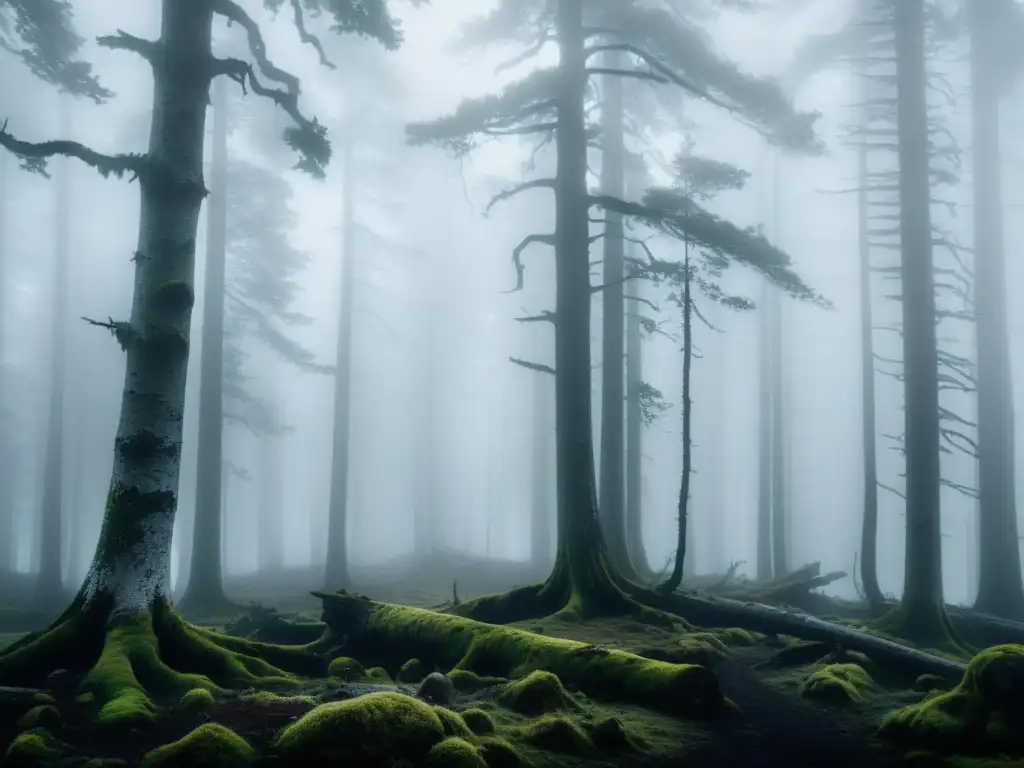 Un bosque escandinavo cubierto de niebla, con árboles antiguos y retorcidos envueltos en un aura de misterio