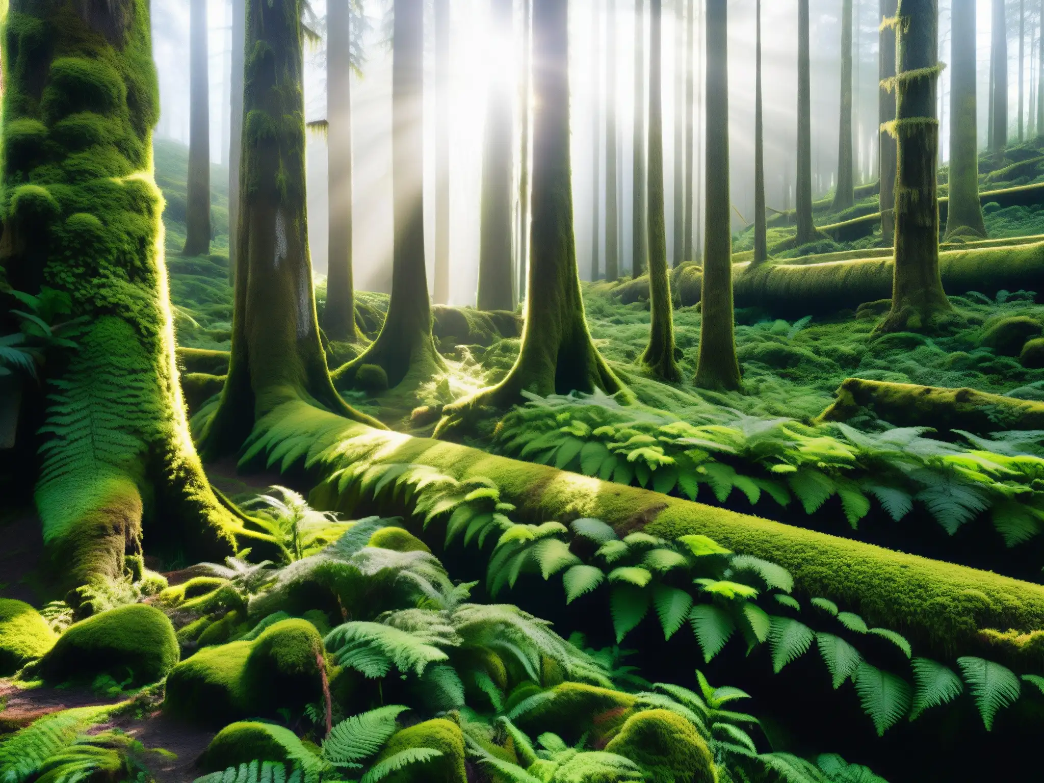 Un bosque exuberante y misterioso en Chiloé, con la luz filtrándose a través del dosel
