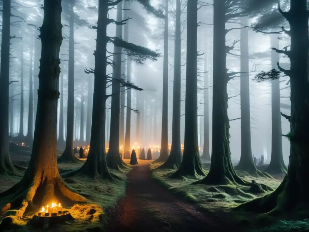 Un bosque gallego iluminado por la luna, con niebla rodeando árboles antiguos y retorcidos, proyectando sombras inquietantes
