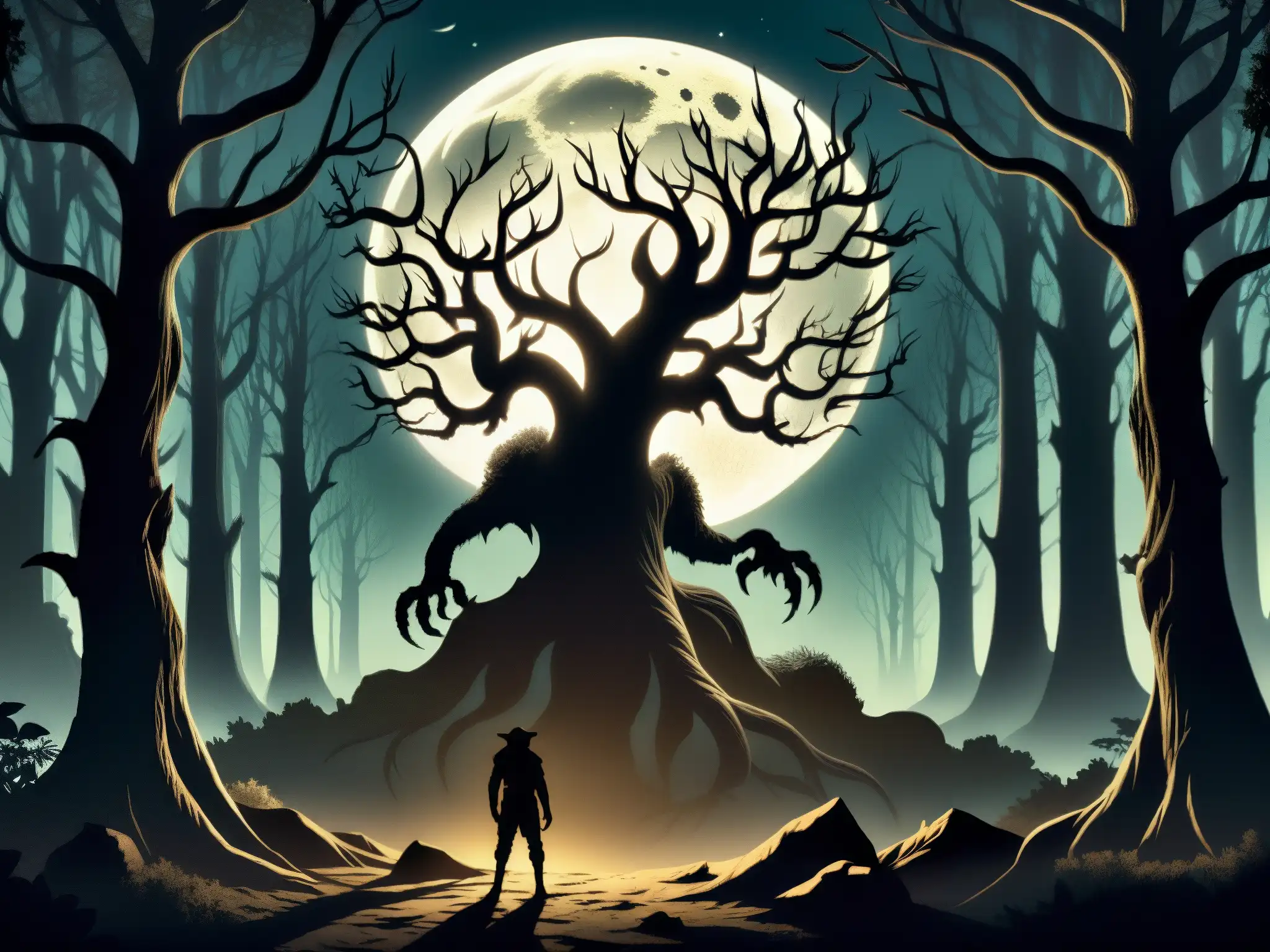 Un bosque iluminado por la luna donde se distingue una misteriosa silueta con ojos brillantes y garras afiladas, el legendario Chupacabra