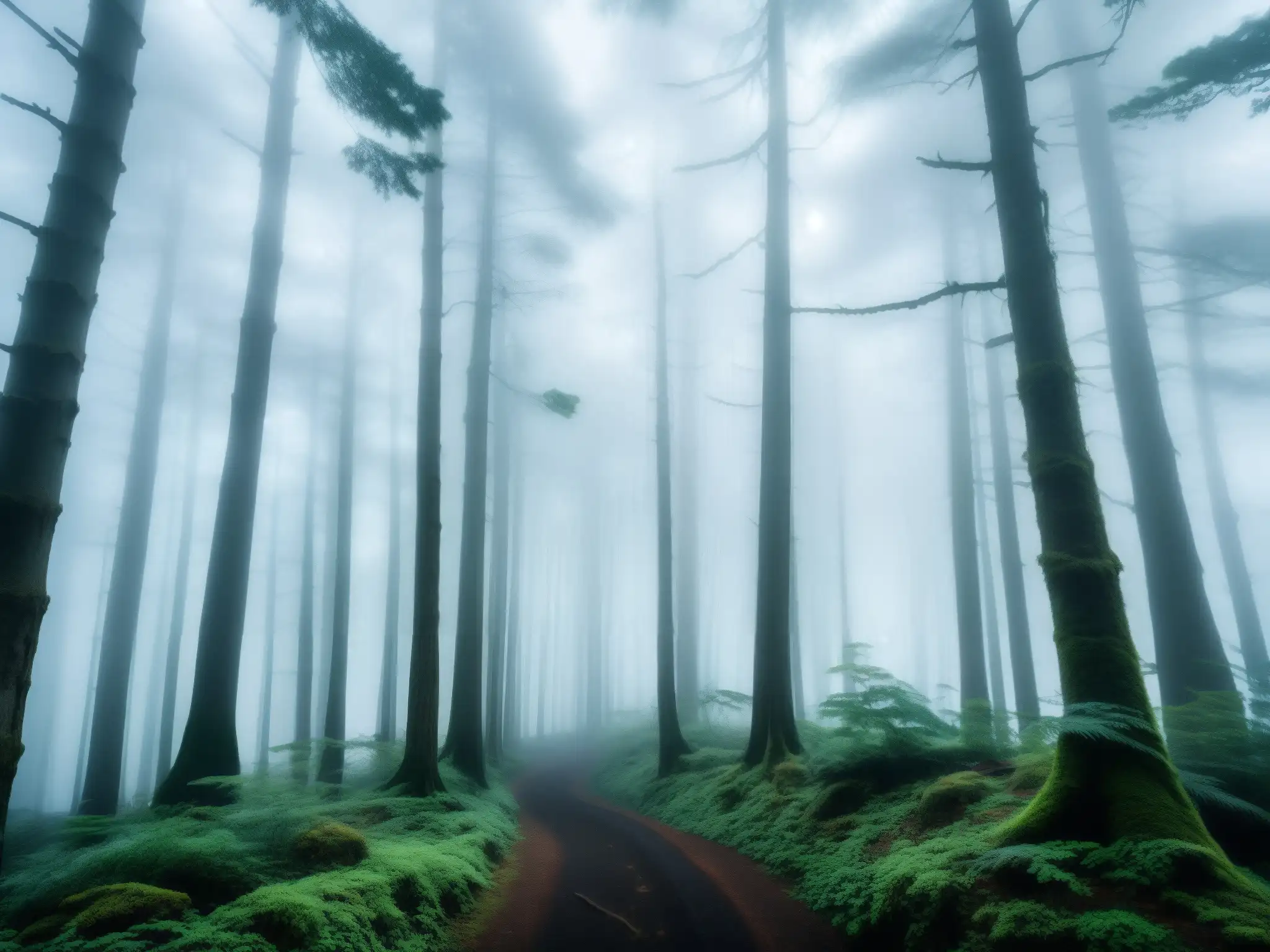 Un bosque japonés cubierto de niebla, con árboles altos y delgados que se elevan hacia el cielo
