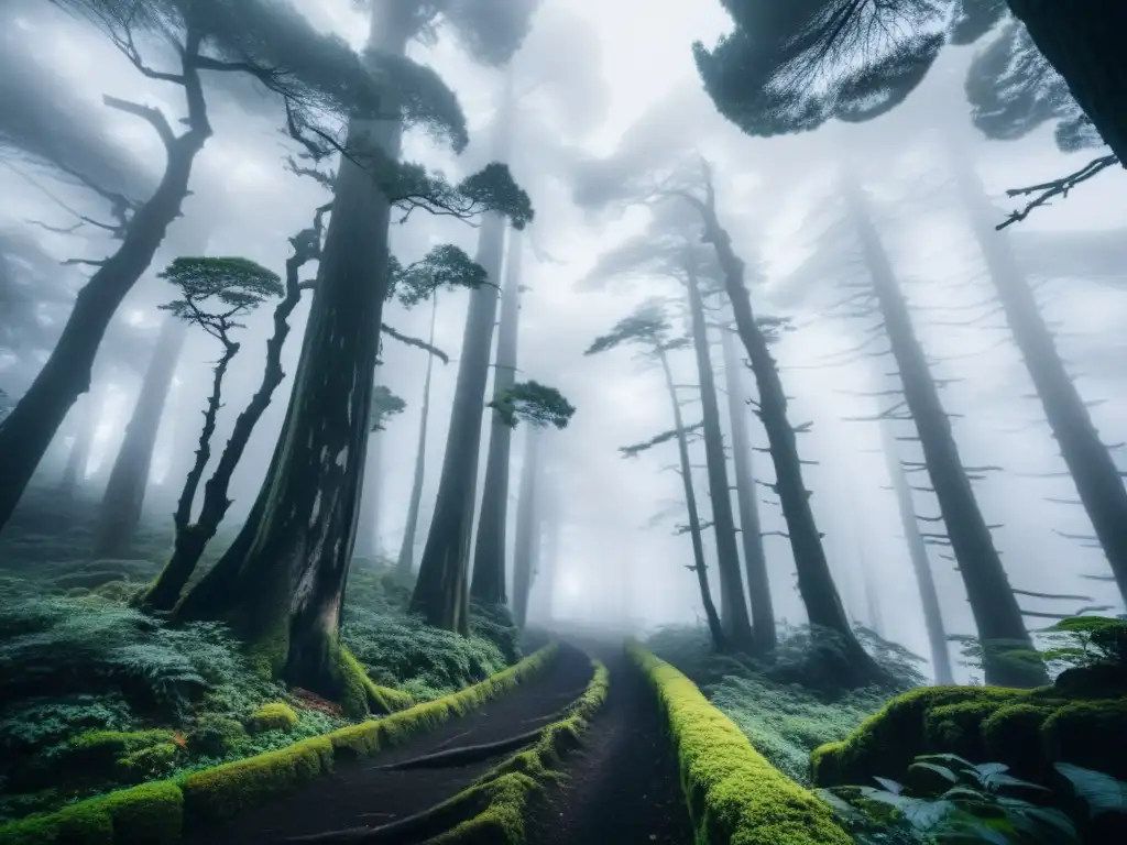 Un bosque japonés envuelto en niebla, con árboles ancestrales retorcidos