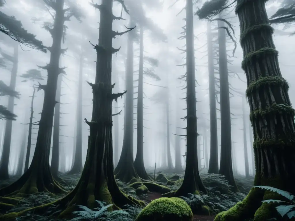 Un bosque japonés envuelto en niebla, con árboles retorcidos que evocan figuras fantasmales