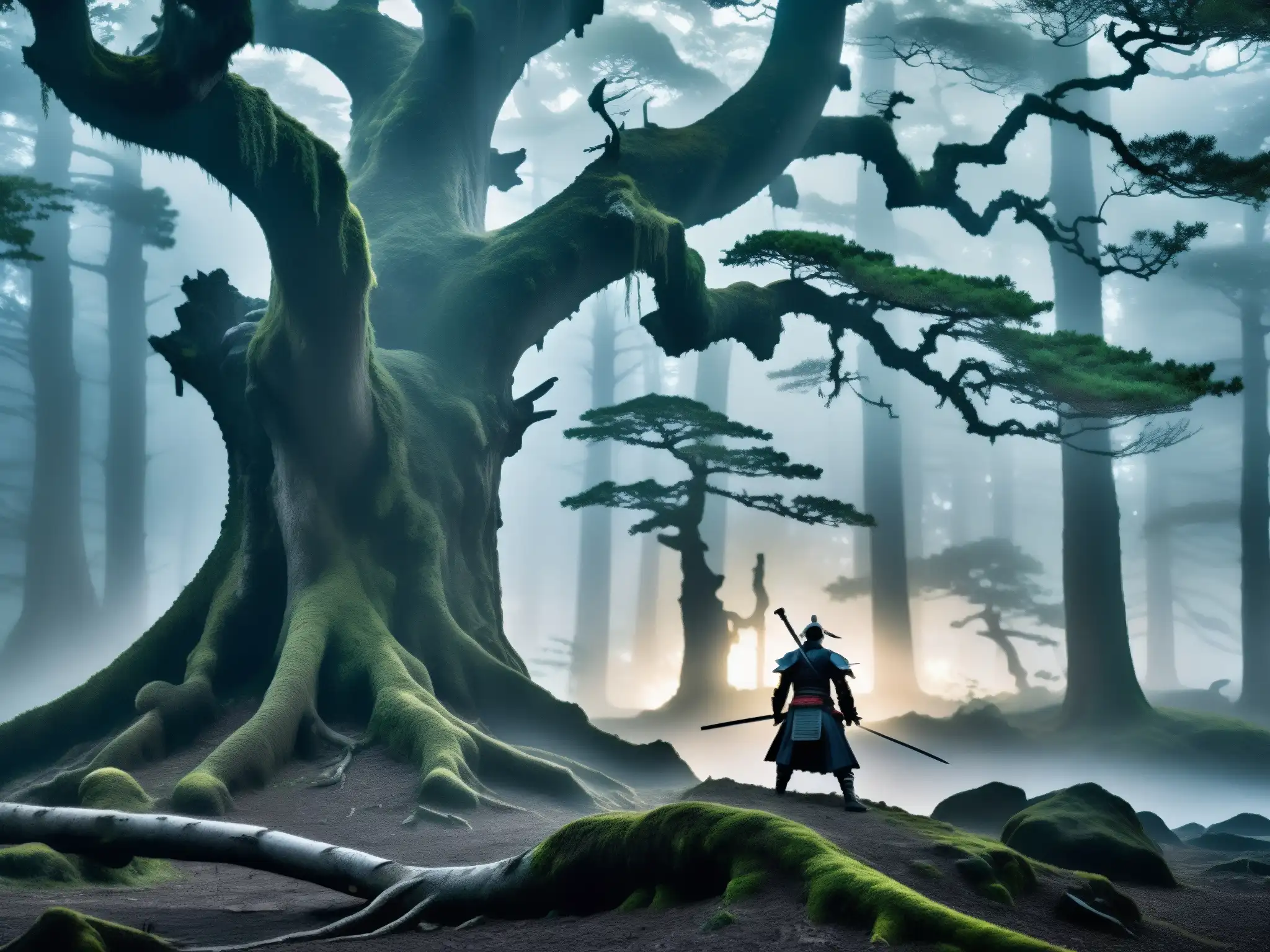 Un bosque japonés con leyendas urbanas samurái sin cabeza, envuelto en una atmósfera mística y vengativa