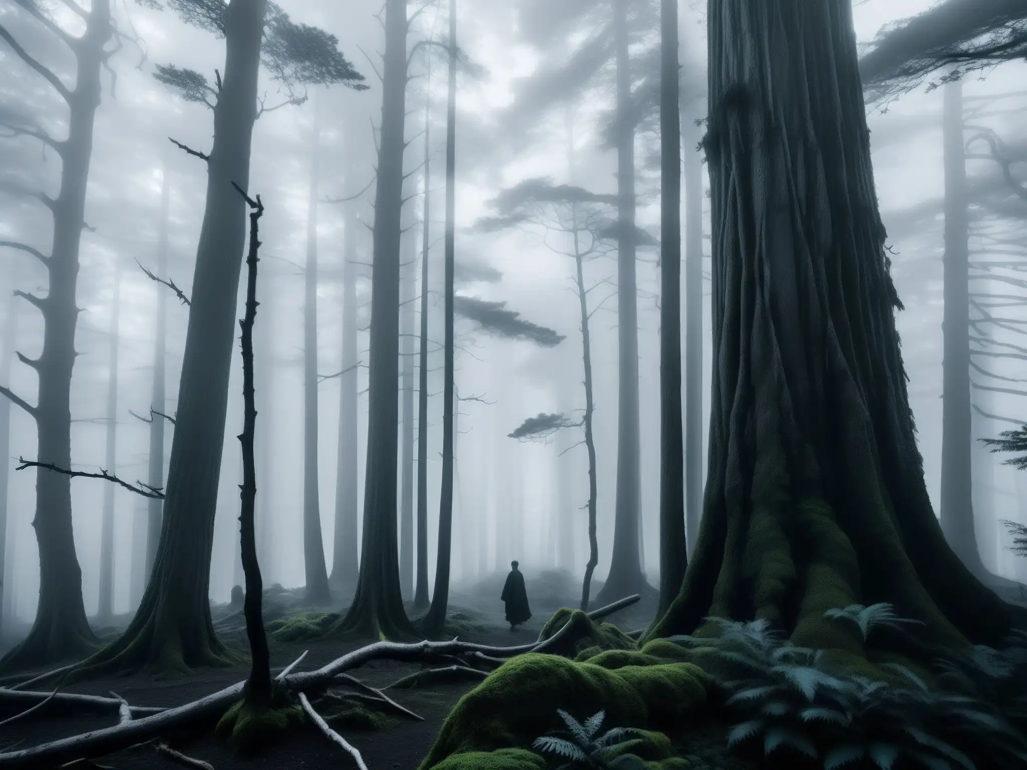 Un bosque japonés neblinoso y misterioso al atardecer evoca el origen y difusión de leyendas urbanas
