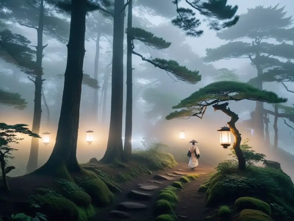 Un bosque japonés tradicional al anochecer, con niebla alrededor de árboles antiguos y una atmósfera inquietante