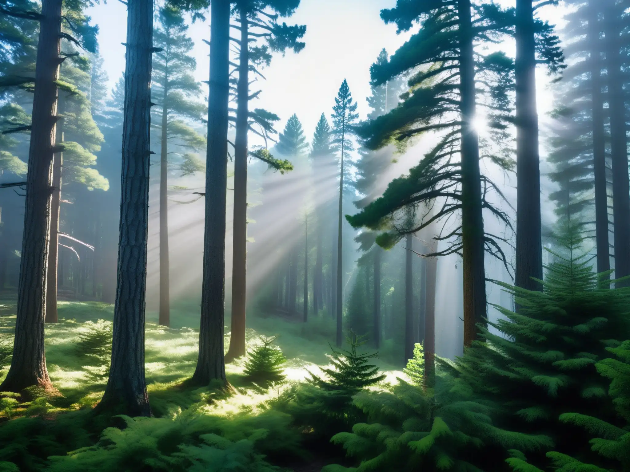 Un bosque misterioso, con altos pinos y una atmósfera de belleza y misterio