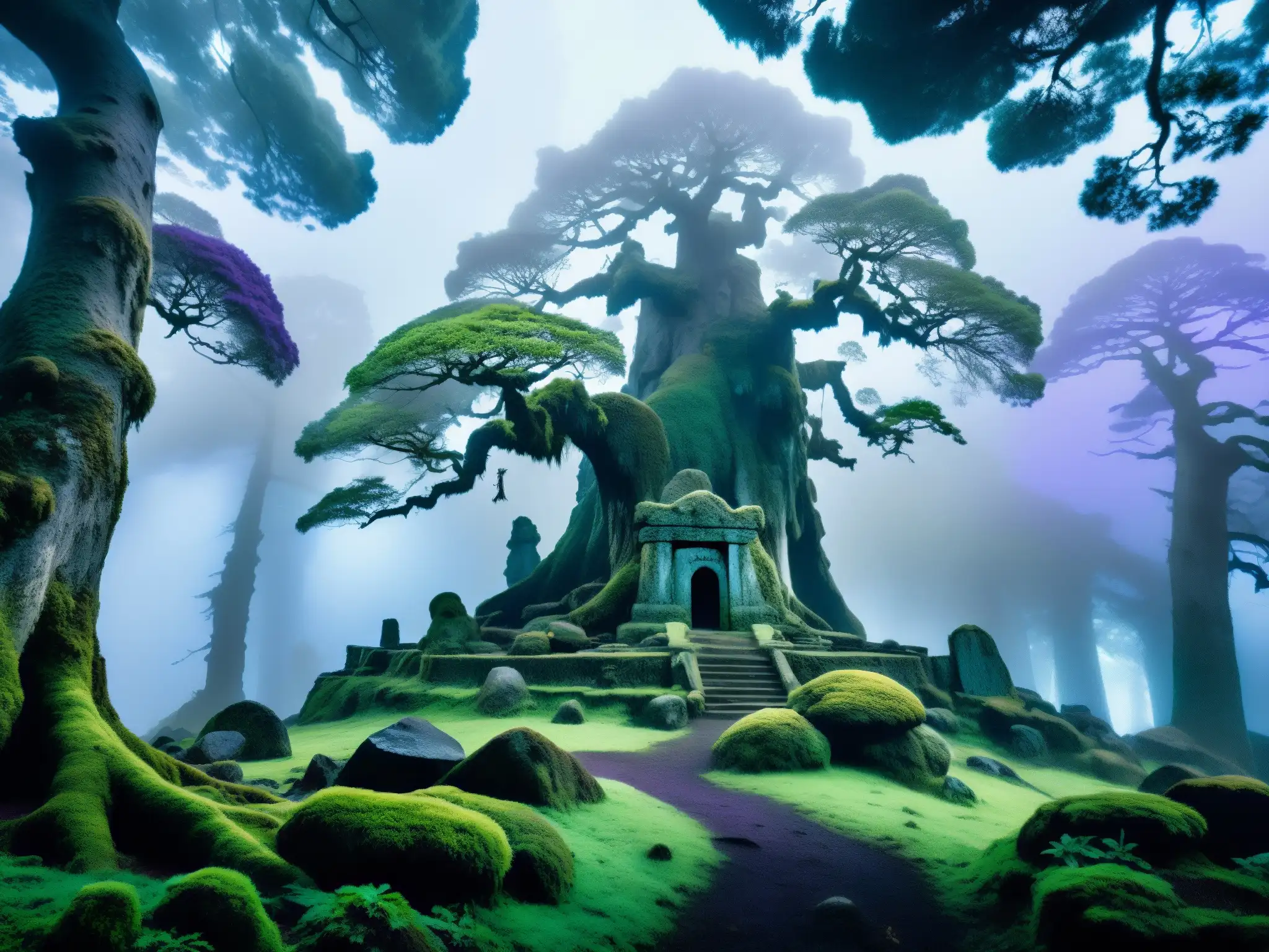 Un bosque misterioso con árboles antiguos, luces azules y moradas danzantes, y un monumento de piedra cubierto de musgo y líquenes