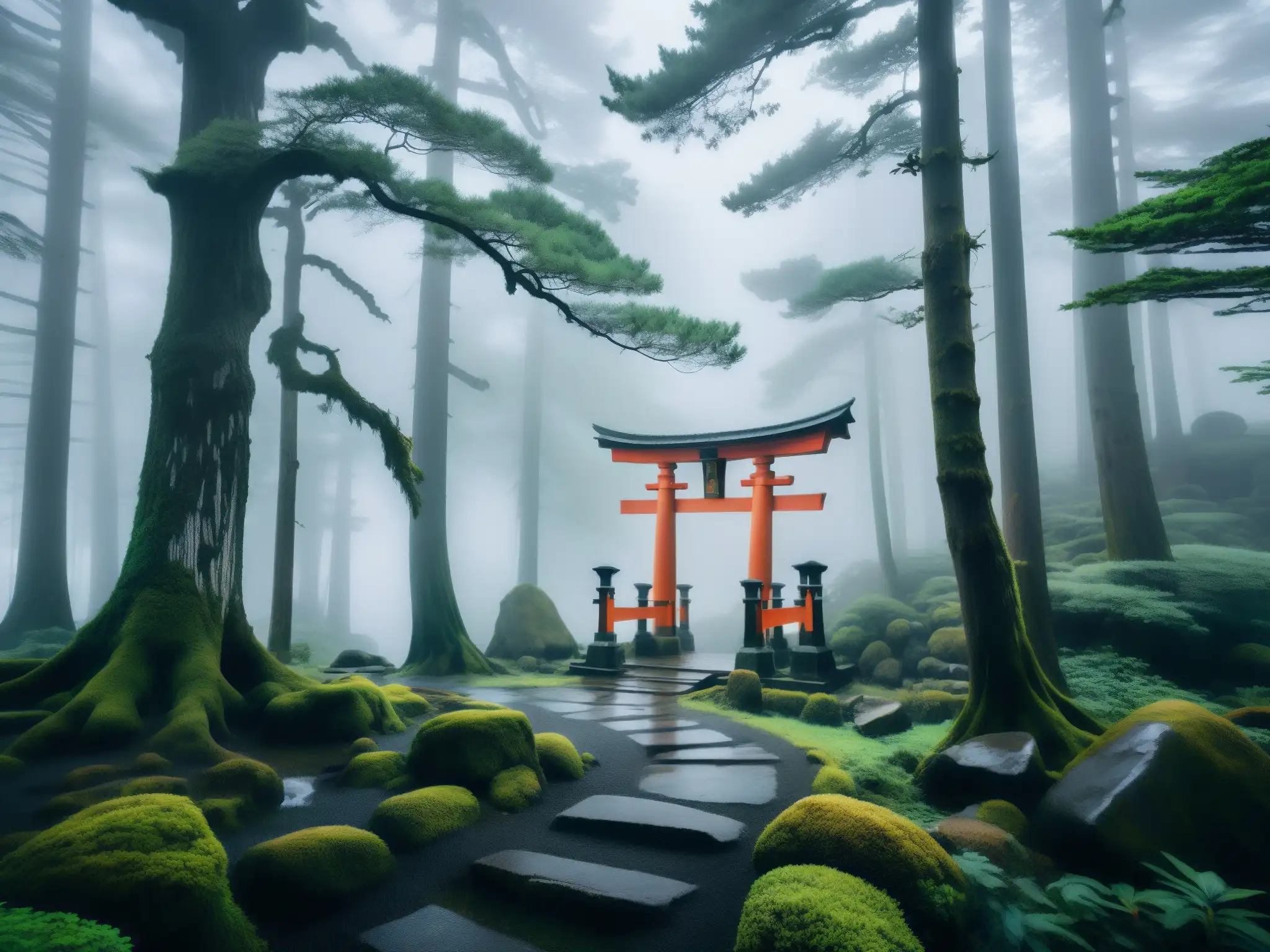 Un bosque misterioso en Japón, con árboles antiguos y rocas cubiertas de musgo