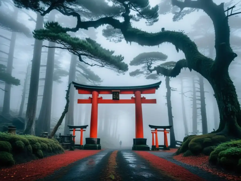 Un bosque misterioso en Japón al anochecer, con árboles antiguos envueltos en niebla