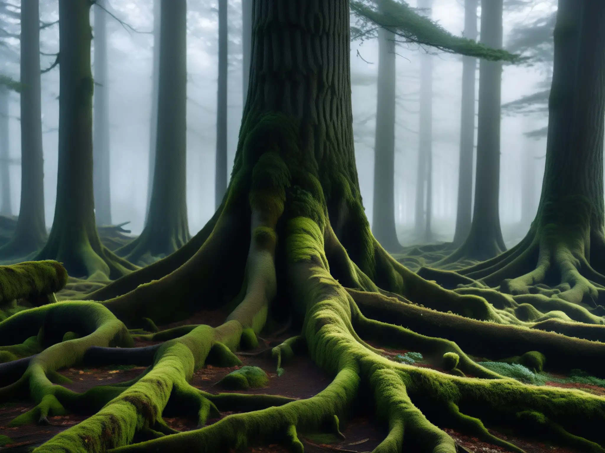 Un bosque misterioso en Japón, con árboles antiguos cubiertos de musgo y una atmósfera sobrenatural