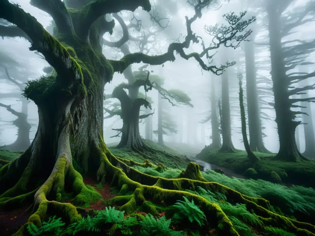 Un bosque misterioso en Galicia, España, con árboles antiguos cubiertos de niebla, evocando la atmósfera de 'Origen y significado de la Santa Compaña'