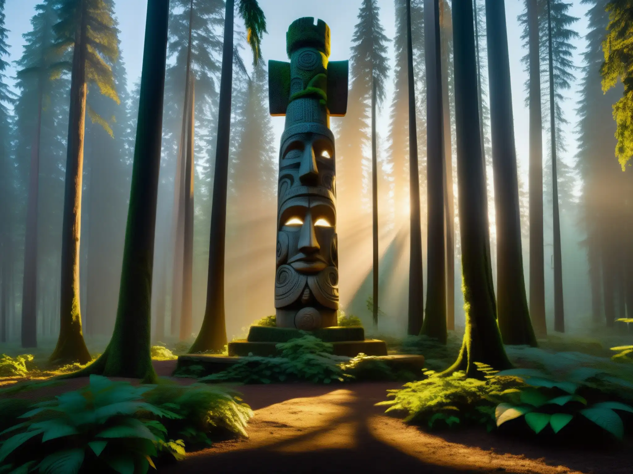 Un bosque misterioso al atardecer con un totem antiguo entre enredaderas, evocando historias no contadas y leyendas urbanas