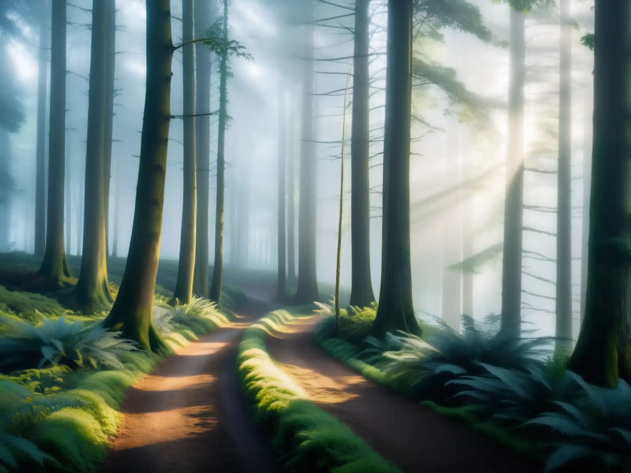 Un bosque misterioso y brumoso al amanecer, con árboles densos y un sendero serpenteante desapareciendo en la niebla