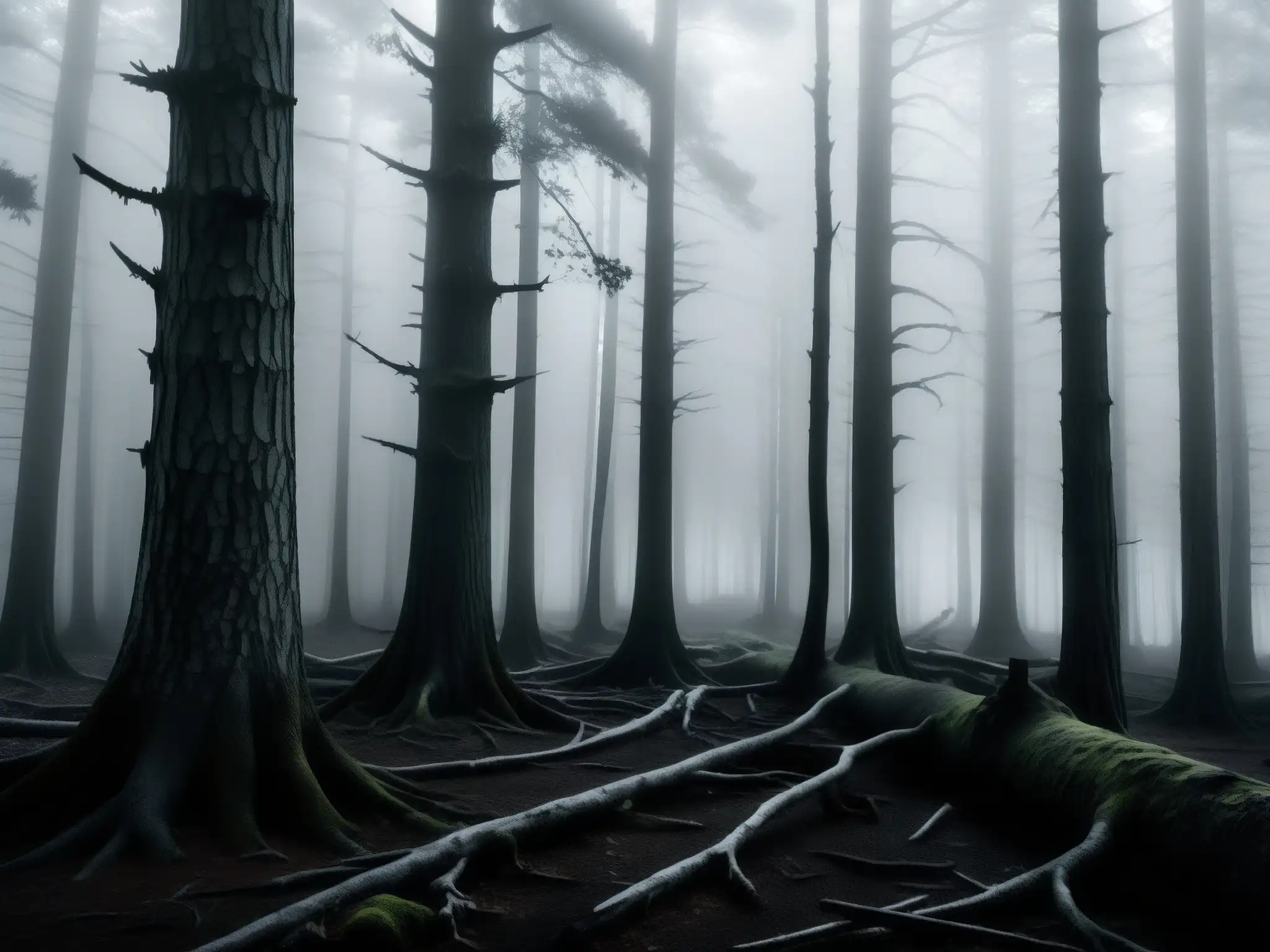 Un bosque misterioso y brumoso con árboles retorcidos, evocando la leyenda del Hombre Sin Rostro