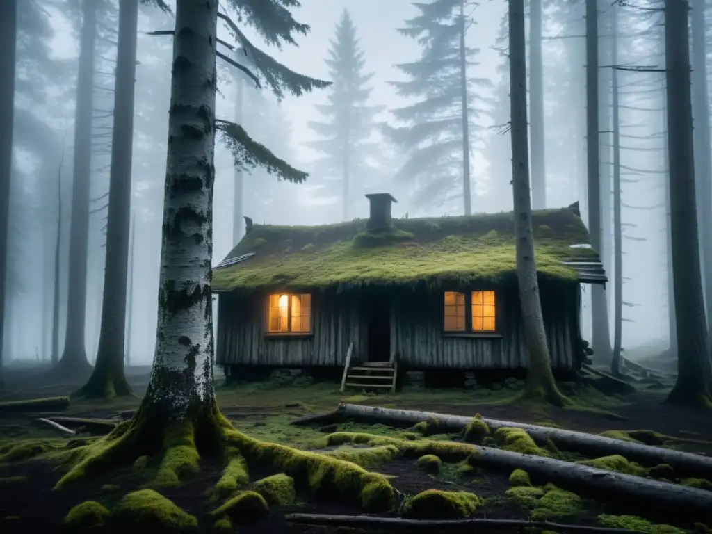 Un bosque misterioso en Escandinavia con una cabaña abandonada