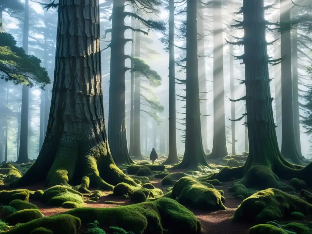 Un bosque misterioso y densamente cubierto de niebla, con un imponente Hombre del Bosque Sueco en silueta entre las sombras