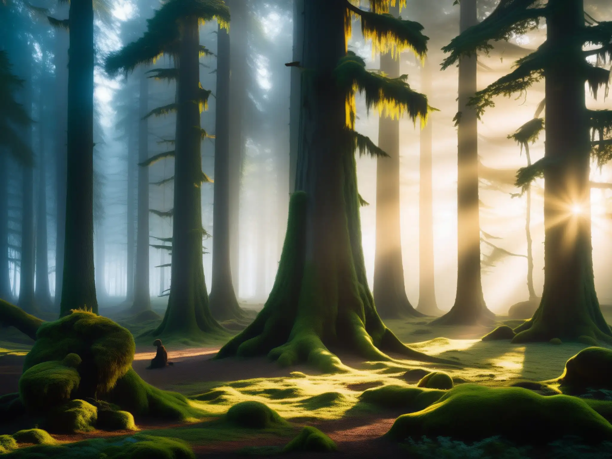 Un bosque misterioso y encantador al amanecer, donde la luz dorada ilumina árboles antiguos y el suelo cubierto de musgo
