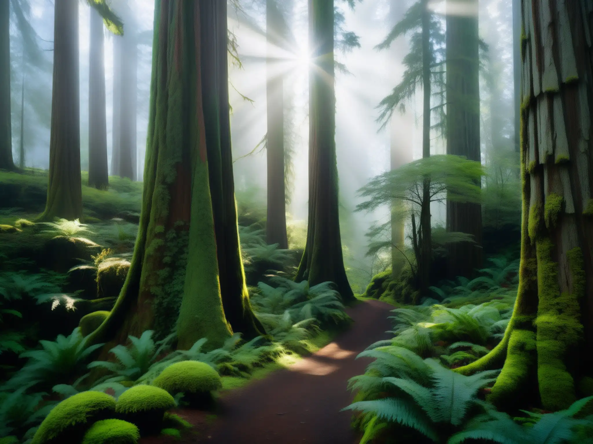 Un bosque misterioso y enigmático con árboles de secuoya, sendero serpenteante y atmósfera de misterio, desvelando el mito del Bigfoot desenmascarado