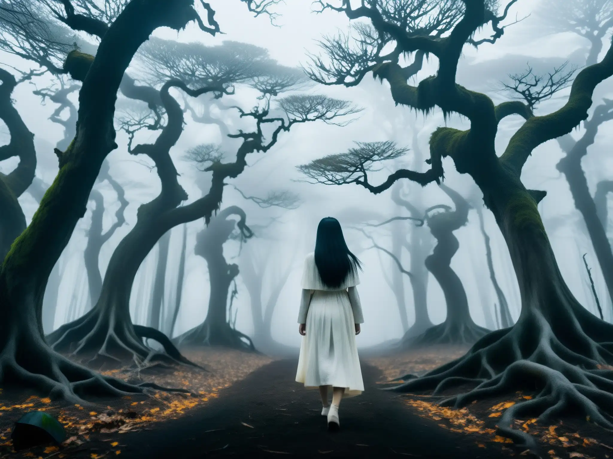 Un bosque misterioso envuelto en niebla con árboles retorcidos, donde una figura con una sonrisa inquietante encarna la leyenda de Kuchisakeonna