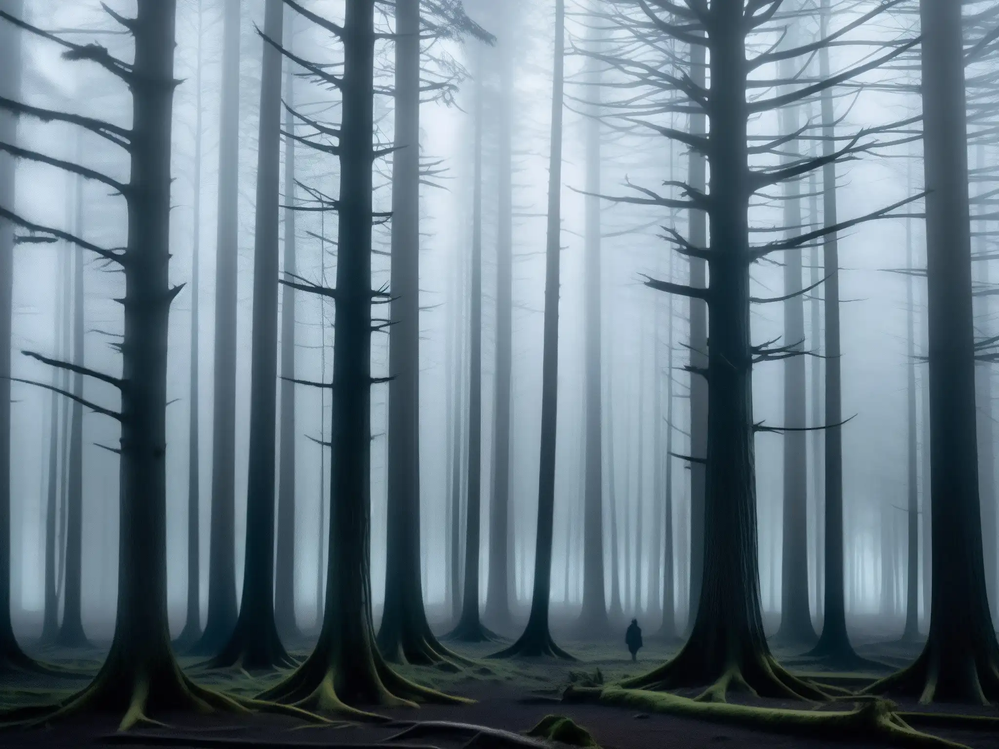 Un bosque misterioso envuelto en niebla con figuras inquietantes