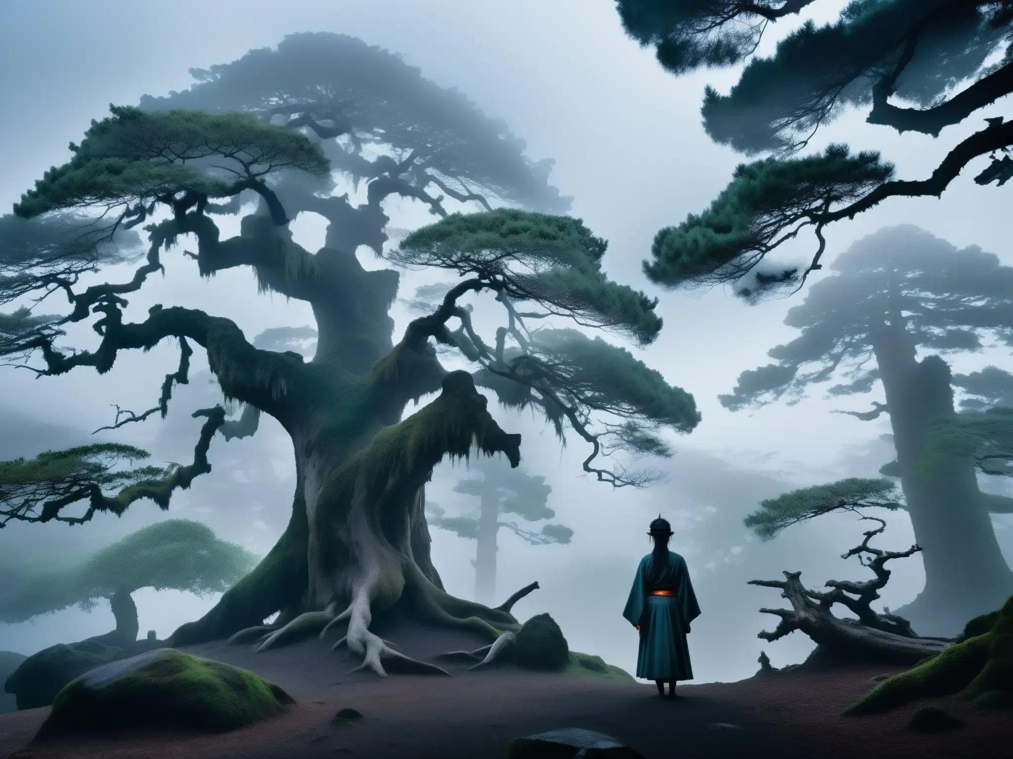 Un bosque misterioso al anochecer con un espectro japonés entre la niebla