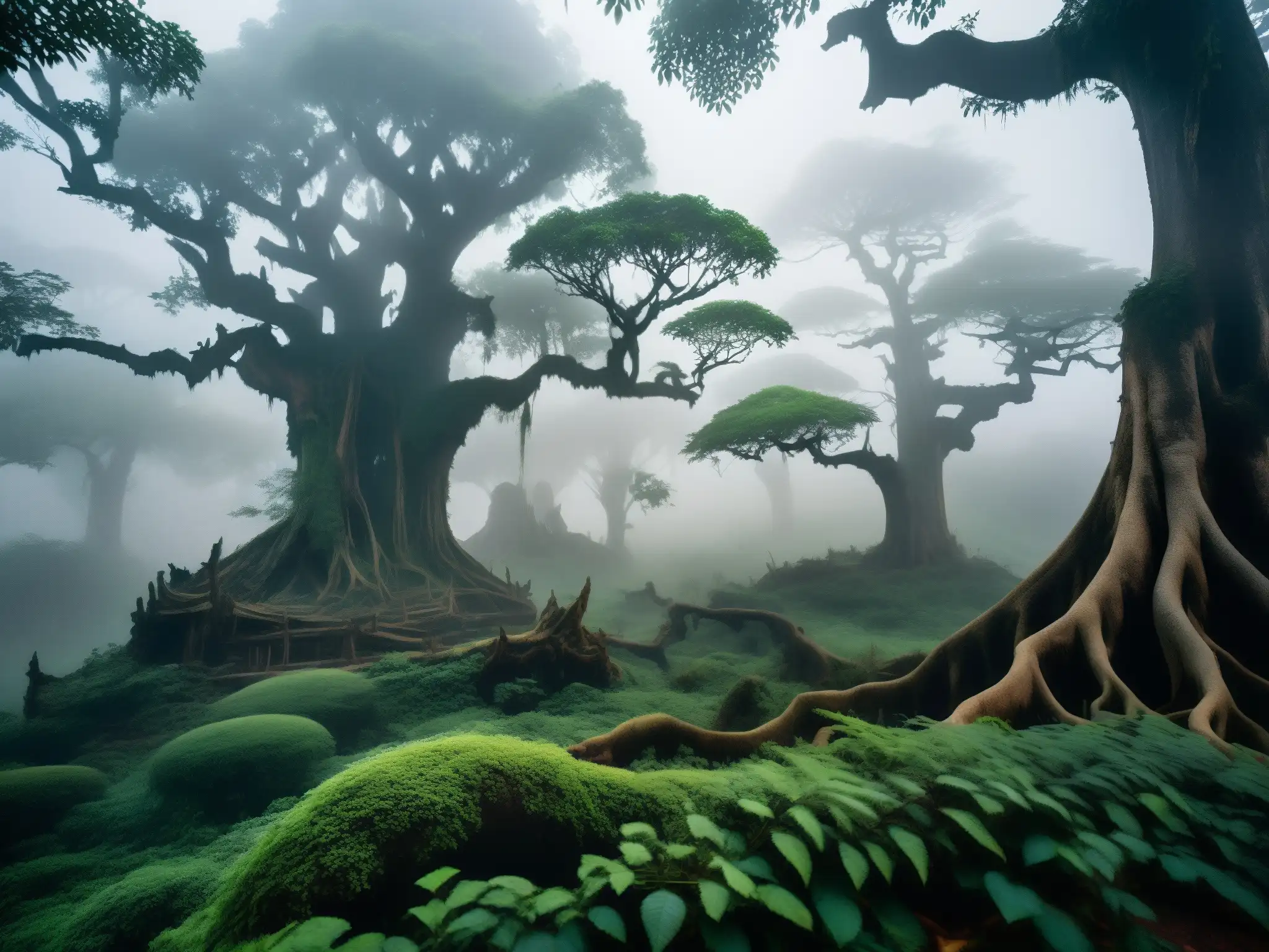 Un bosque misterioso y etéreo en Myanmar, con árboles antiguos y sombras inquietantes