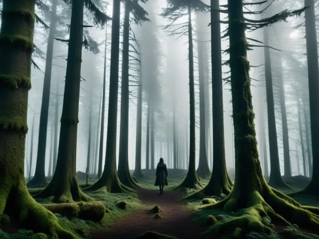 Un bosque misterioso y neblinoso con árboles altos y esbeltos que se elevan hacia el cielo