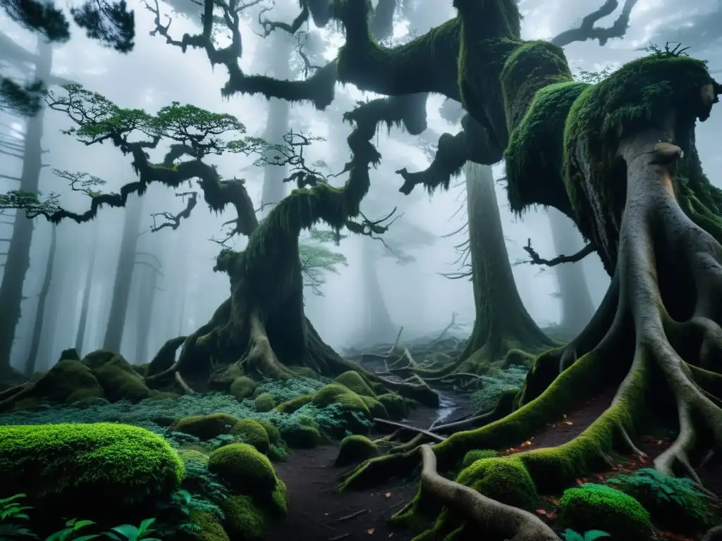 Un bosque misterioso y neblinoso en Japón, con árboles antiguos y retorcidas raíces