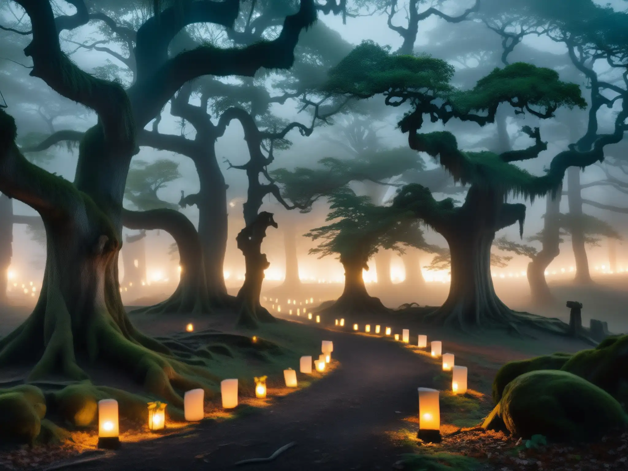 Un bosque misterioso y neblinoso al anochecer, con árboles retorcidos y senderos que se adentran en la oscuridad